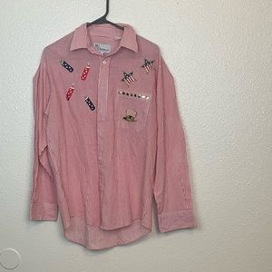 Mili Designs Medium Red White Stripes 4th Of July Fire Works Stars Button Up